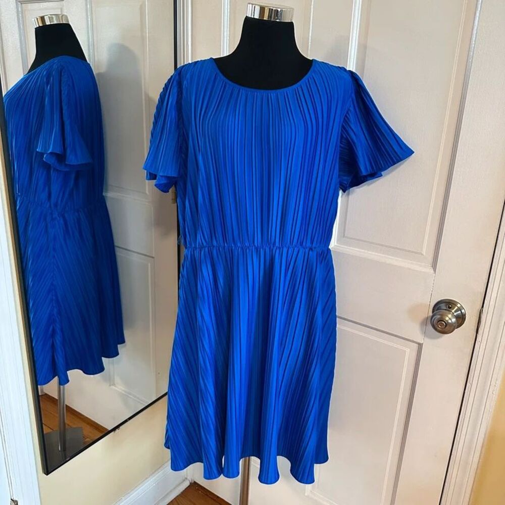 DKNY Royal Blue Pleated A-Line Retro Classic Short Dress 16 (No Belt) designer